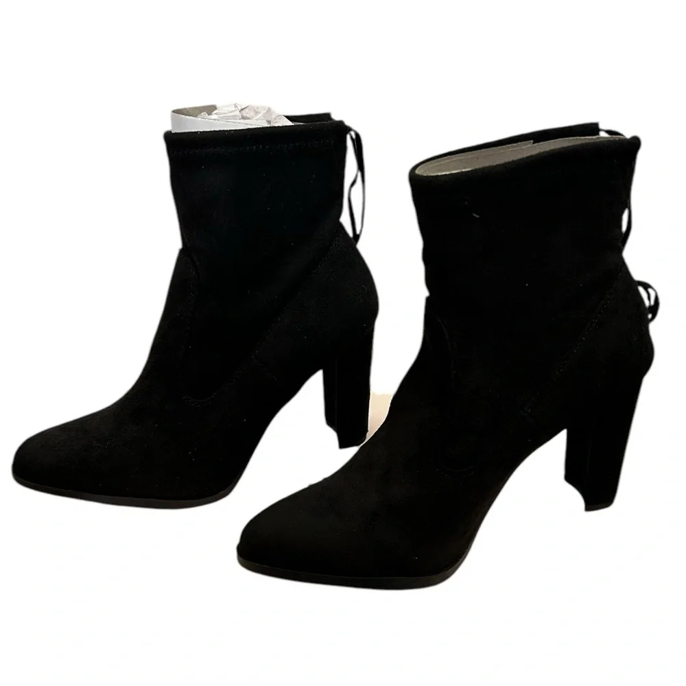 JustFab Black Fabric Raine Booties 3.25” Heel Women’s Sz 6.5 New with Box